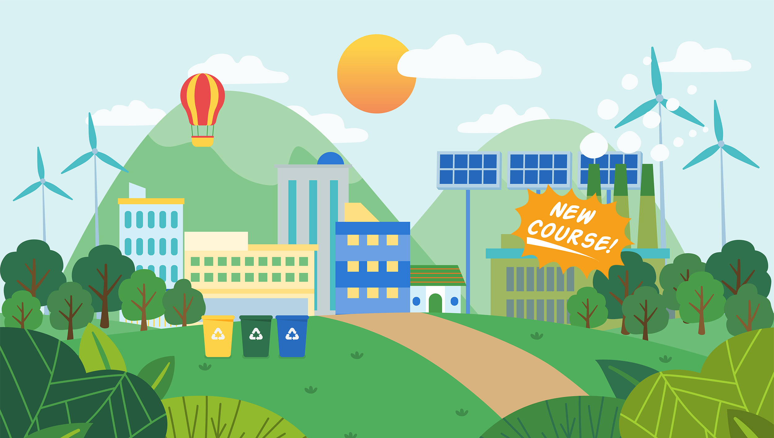 Green eco city and nature landscape background with Pure atmosphere, recycle bins, wind turbine, template flat design vector illustration